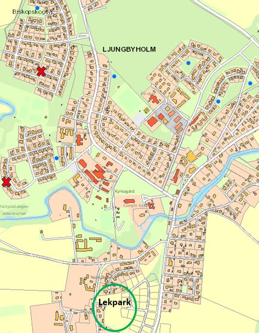 Kartbild över lekpark och lekplatser i Ljungbyholm. 
