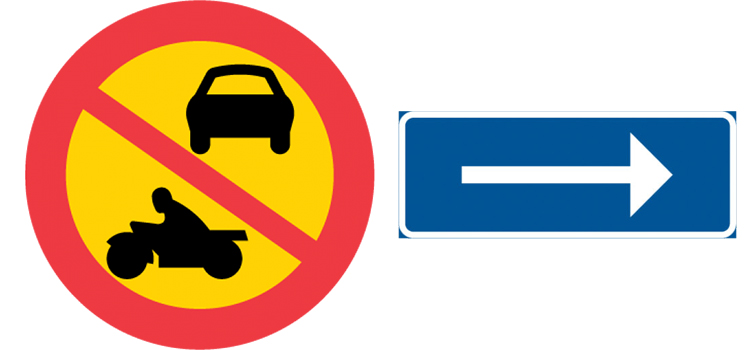 Skylt motortrafik förbjuden och en skult som visar enkelriktad gata till höger