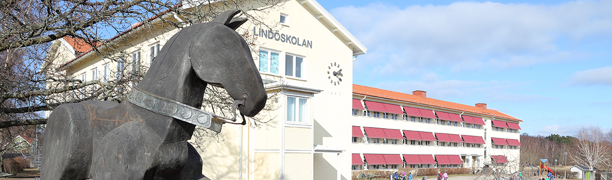 Skolbyggnad och en häst på Linsöskola.