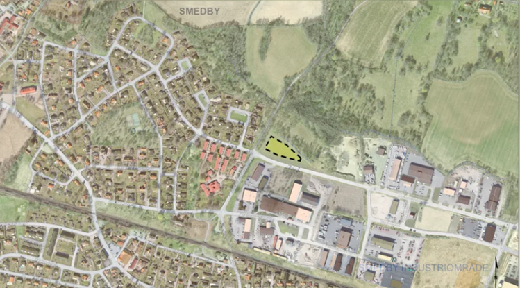 Översiktskarta - Den föreslagna platsen vid korsningen Dokumentvägen och Ebbetorpsvägen i Smedby