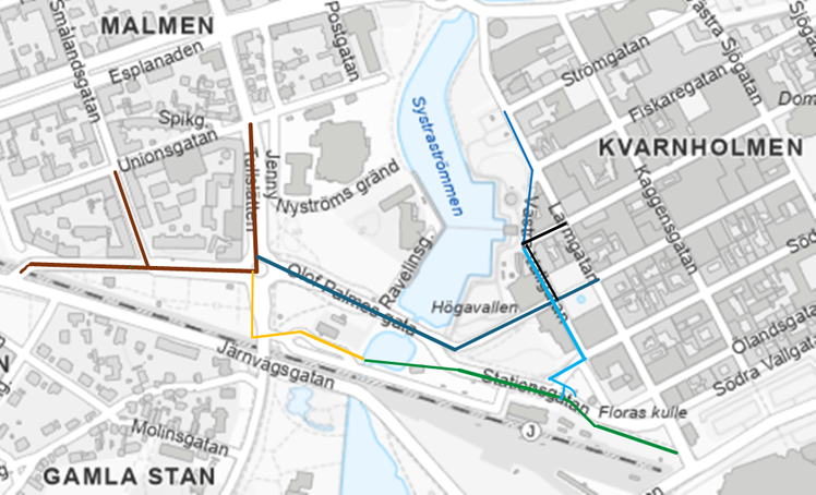 Kartbild över arbetsområdets olika etapper. 