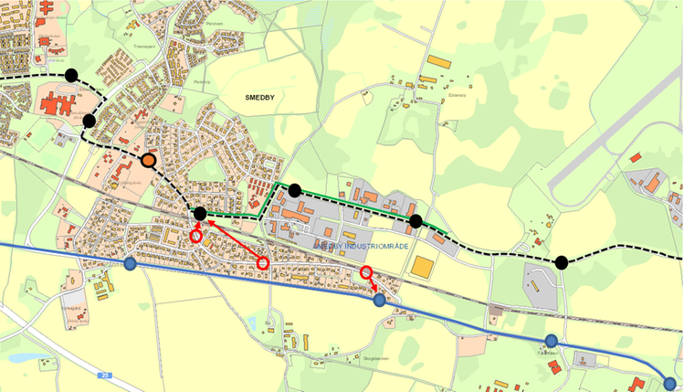 Karta över nya hållplatser, gång- och cykelbana, samt väderskydd för cyklar i Smedby.