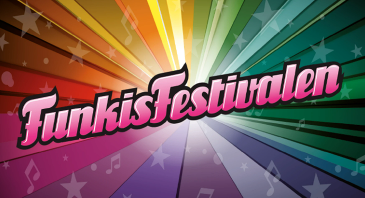 Funkisfestivalens logotype - Färgglad bild med Funkisfestivalen i rosa bokståver