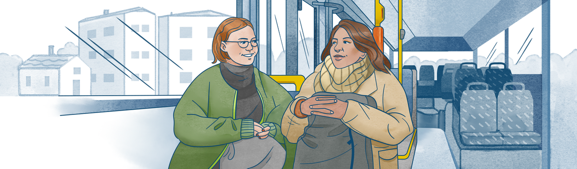 Illustration - två personer som sitter på en buss
