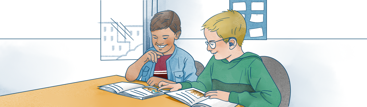 Illustration  - två barn som sitter vid ett skrivbord och gör sina läxor