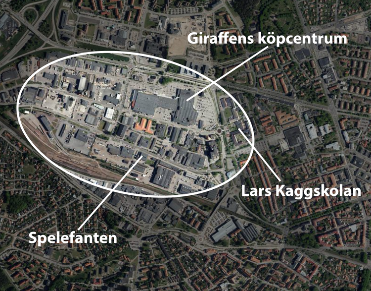 Karta över området som ska diskuteras på workshop, bland annat syns Lars Kaggskolan, Giraffenområdet och Spelefanten. 
