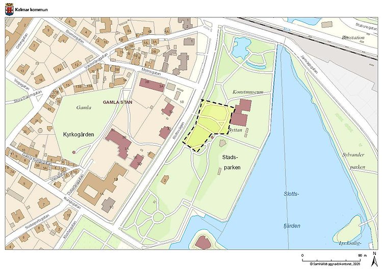Karta över Kalmar stad och stadsparken som visar området där entrétorget ska byggas.