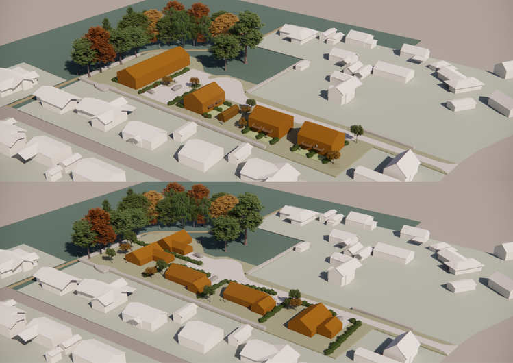 Illustrationen visar två möjliga förslag med olika typer av bostäder.