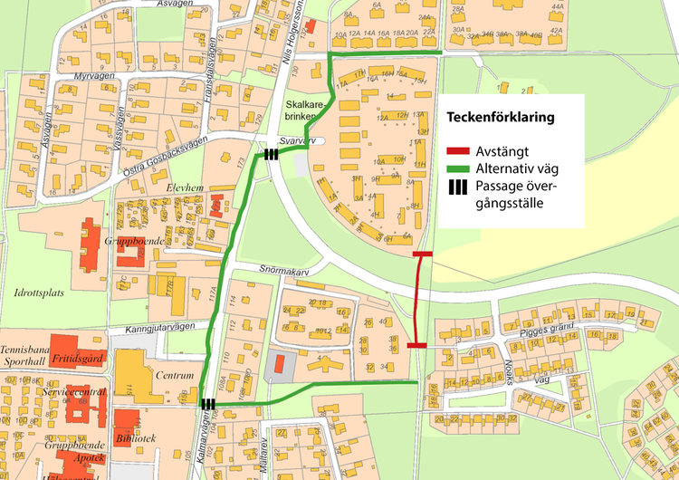 Kartbild över trafikomledningsväg under renovering av bron över Nils Holgerssons väg i Lindsdal. 