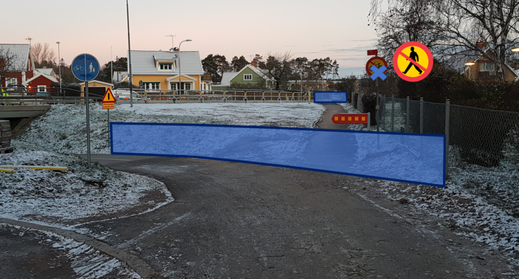 Bild som visar var staket kommer att sättas upp vid den stängda gångvägen mellan Lindöskolan och Gröndalsvägen. 