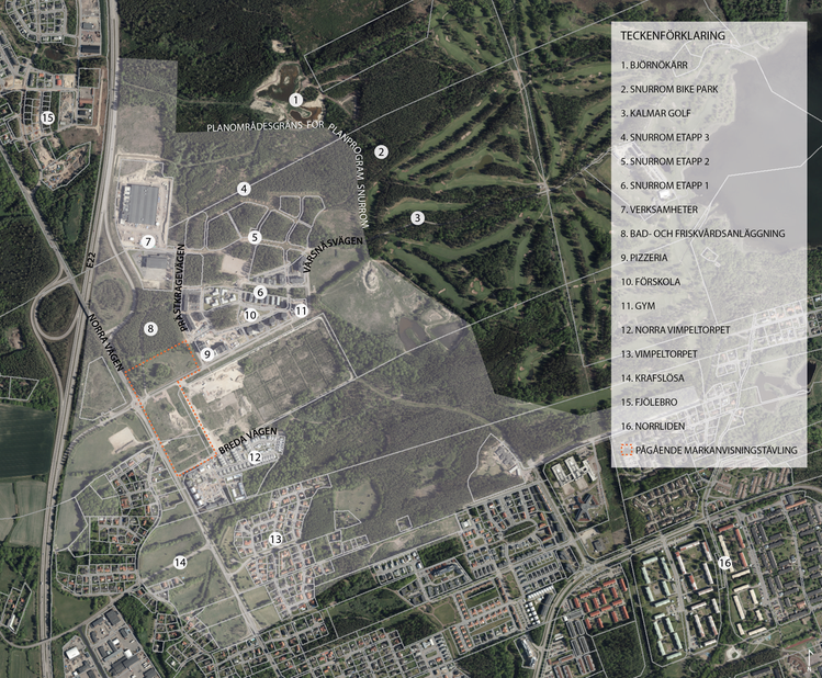 Bilden visar områden i Snurrom markerade på en flygbild. Både sådant som finns idag och som det planeras för. 