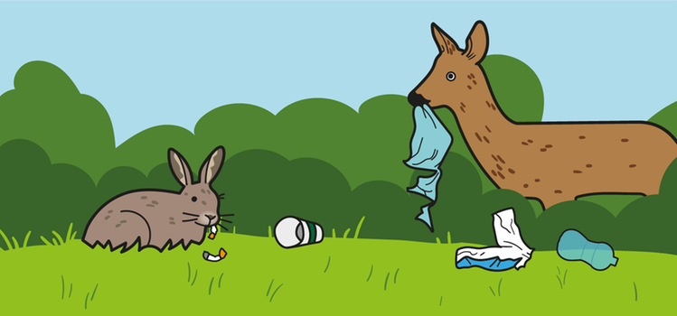 Illustration på ett rådjur och en hare som äter skräp i naturen