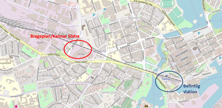 Kartbild som visar var de två stationslägena skulle ligga.